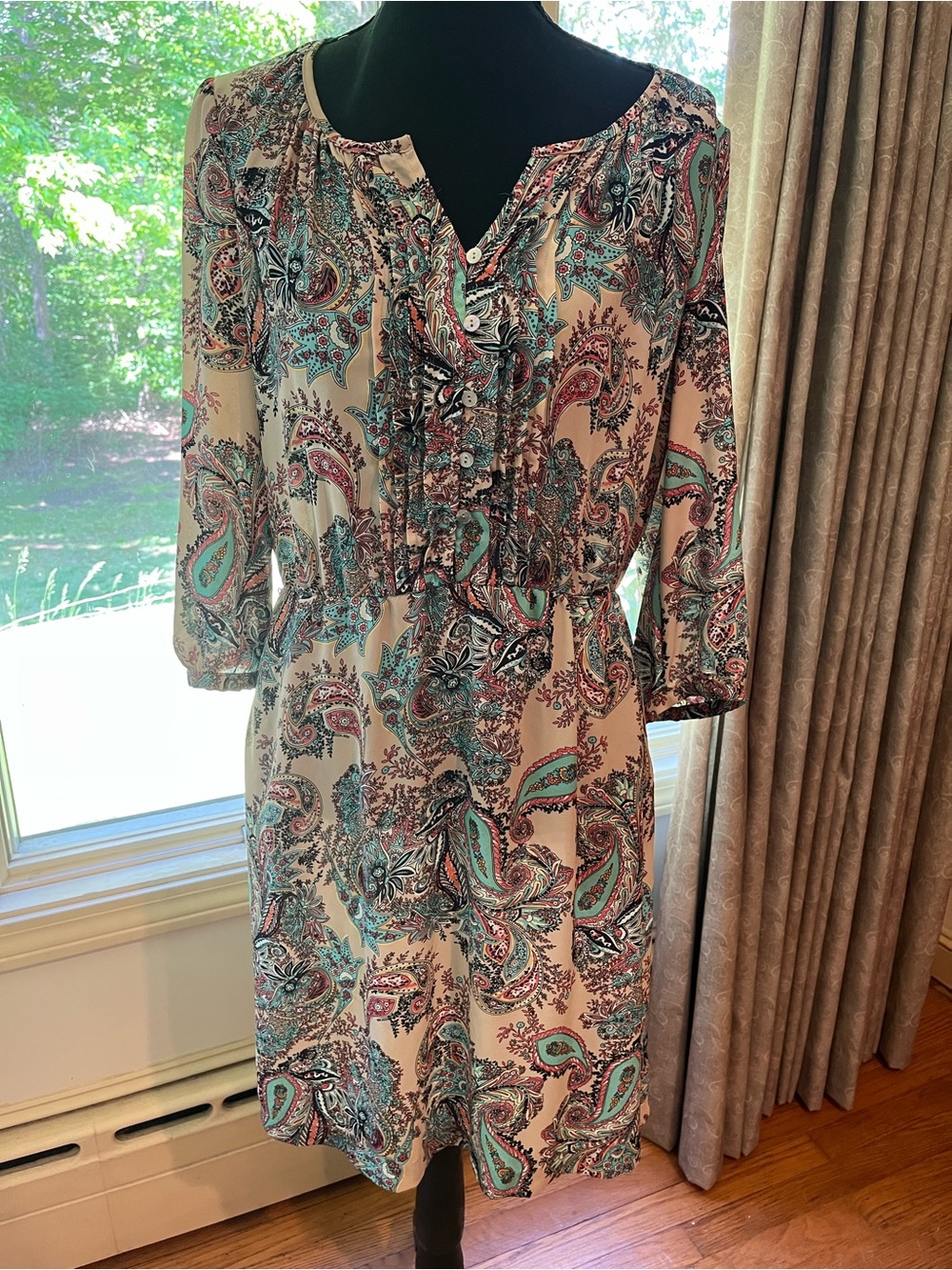 Paisley Ruffle-Front Women's Dress in Cream and Teal
